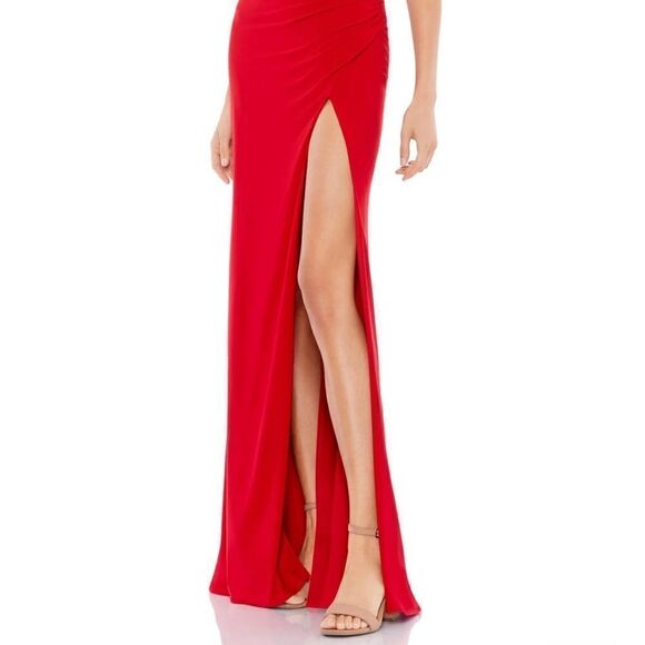 NWT ASYMMETRICAL PEARL STRAP V-NECK GOWN, Red 8 - Picture 2 of 5